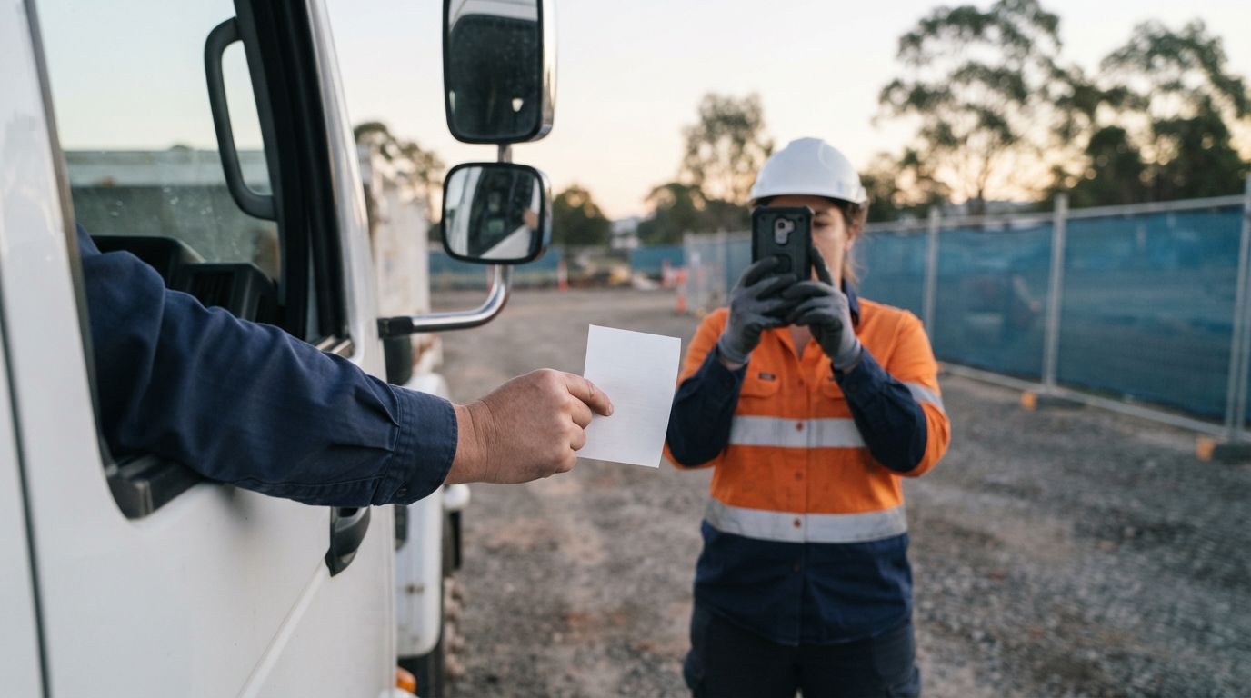 The driver hands the delivery docket down from the cab