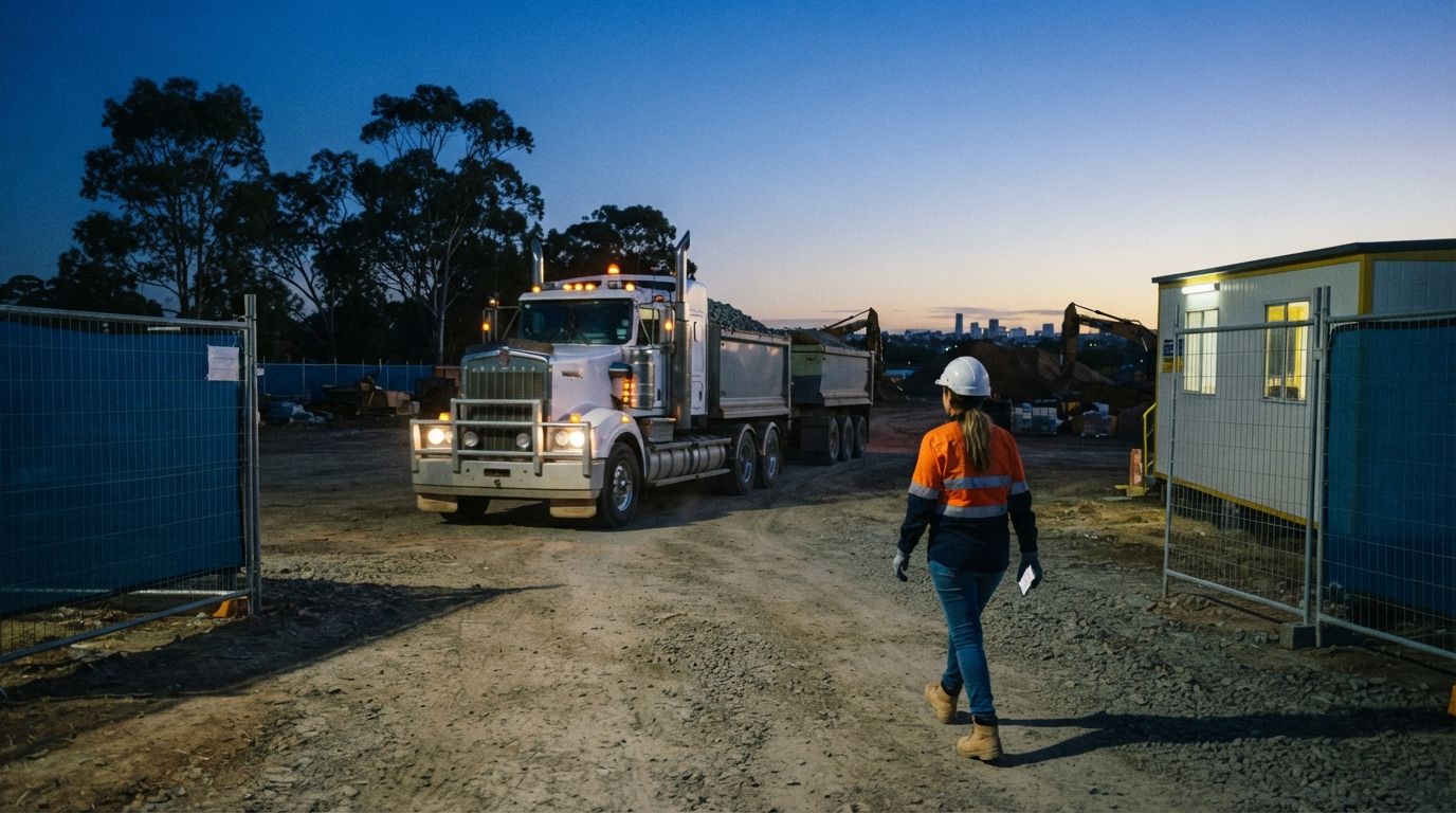 A truck and dog pulls up at the site gate